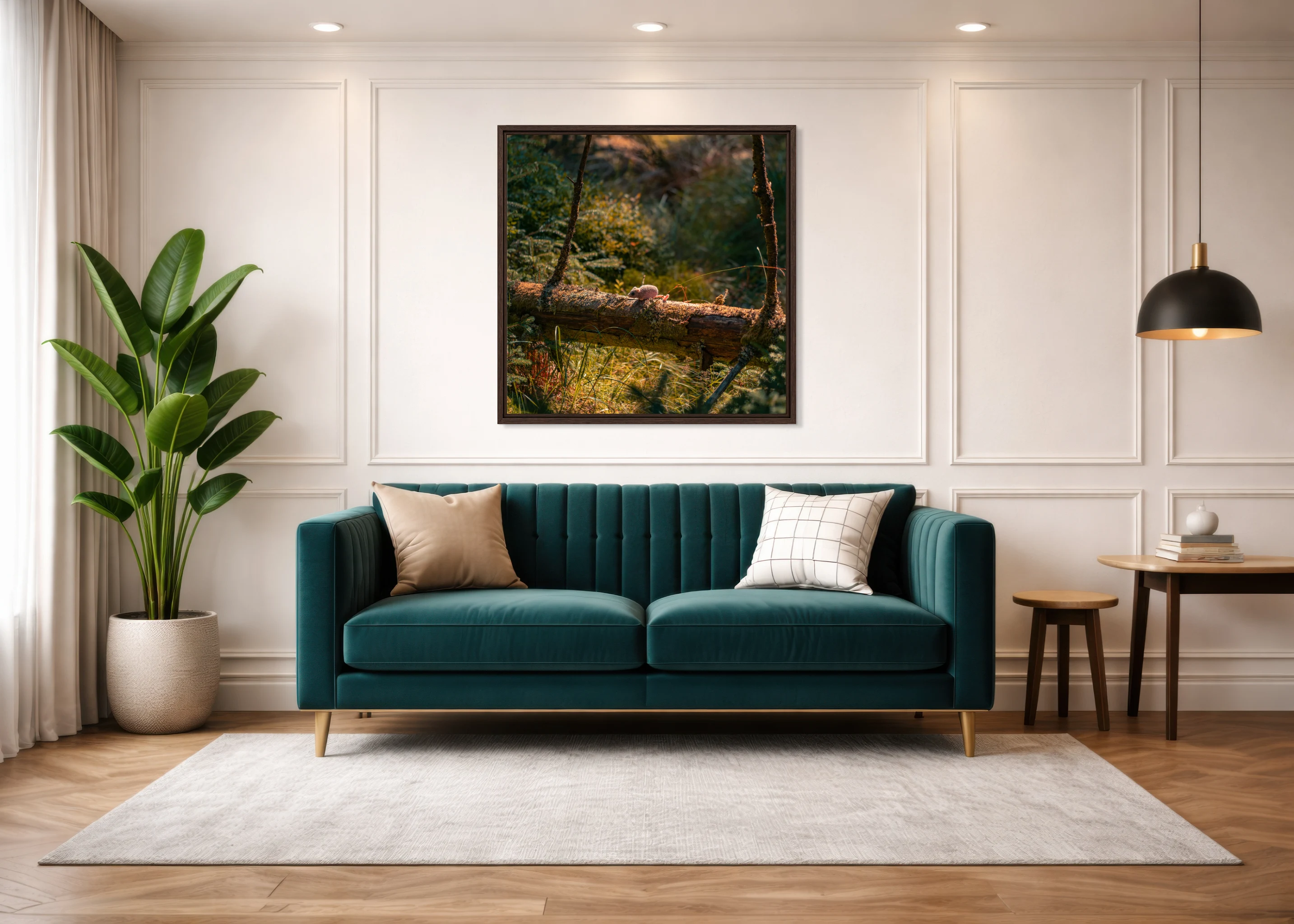 Square photographic print displayed in a room